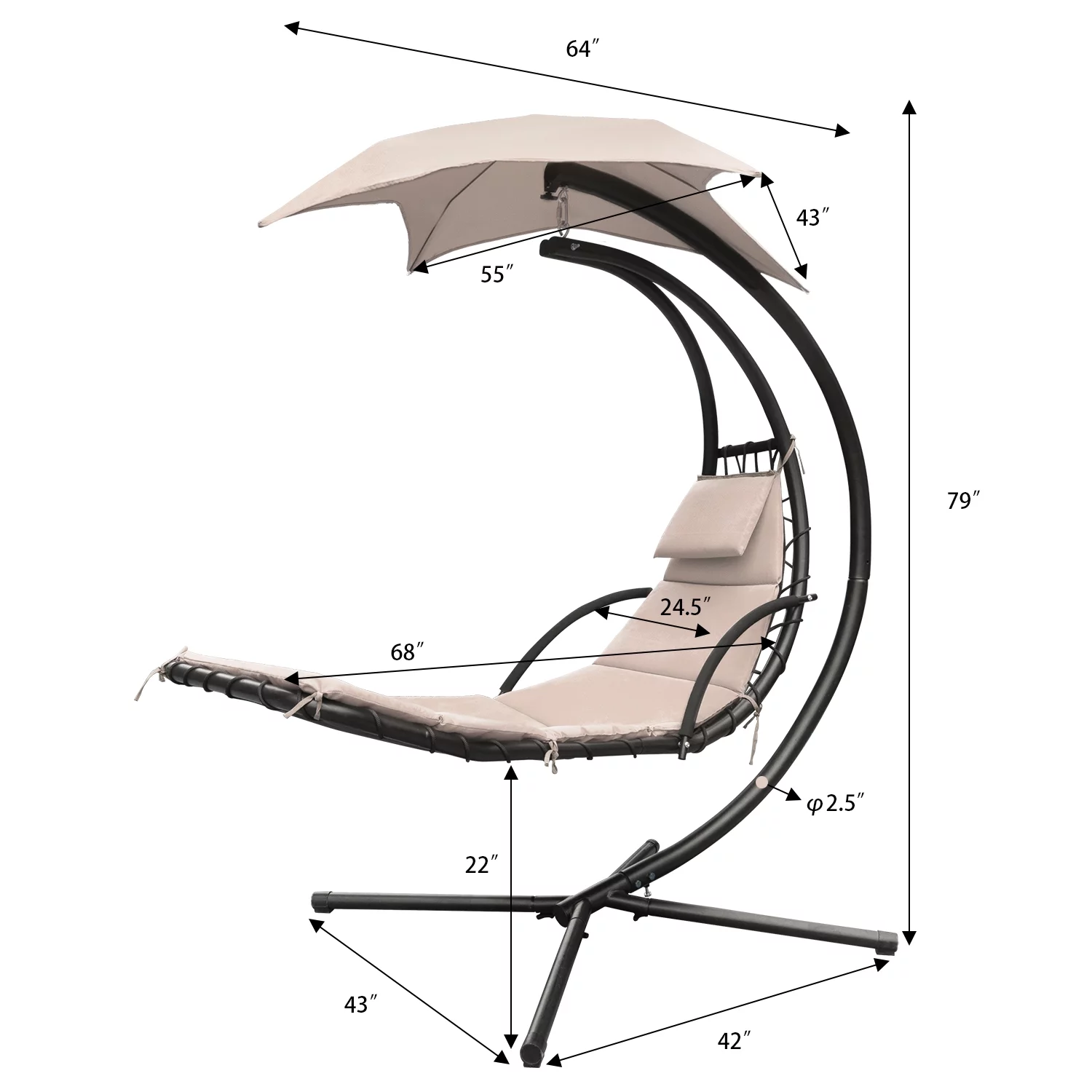 Lacoo Outdoor Hanging Curved Chaise Lounge Chair Patio Swinging Hammock W/ Pillow, Canopy & Stand for Backyard,Metal, Polyester Beige