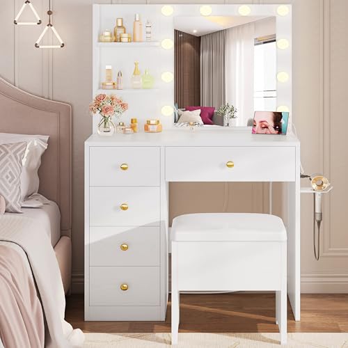IRONCK Vanity Desk with Mirror and Lights, Small Makeup Vanity Table with 5 Drawers, Power Outlet, and Vanity Stool, 3 Lighting Colors