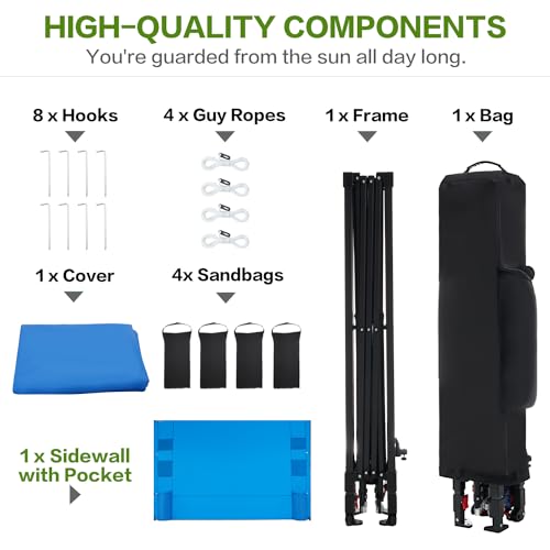 10'x10' Pop Up Canopy Tent with 1 Sidewall and 6 Pockets, One Push Setup, Instant Shade Tent with Vented Roof for Beach Patio Outdoor, Case, 8 Stakes