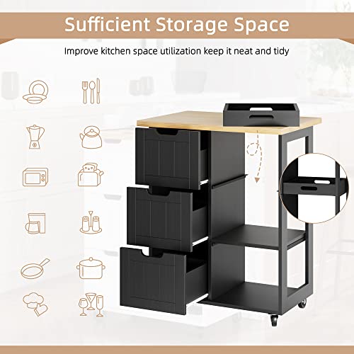 Shintenchi Rolling Kitchen Island Cart with Folding Drop Leaf Breakfast Bar, Portable Trolley Island with Large Storage Cabinet, Shelf and Drawer