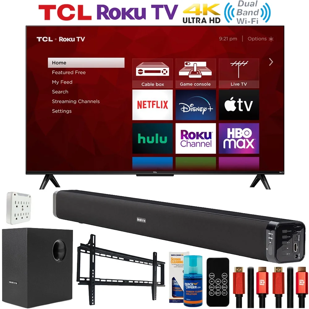 TCL 65S455 65" Class 4-Series 4K UHD HDR Smart Roku TV Bundle with Deco Gear Home Theater Soundbar with Subwoofer, Wall Mount Accessory Kit