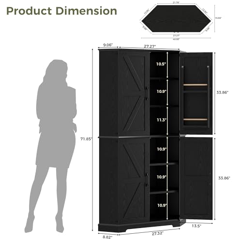IRONCK Corner Cabinet, 72" Kitchen Pantry Cabinet, 6-Tier Farmhouse Pantry with 4 Adjustable Shelves, 240° Swivel Doors, 2 Doors Storage