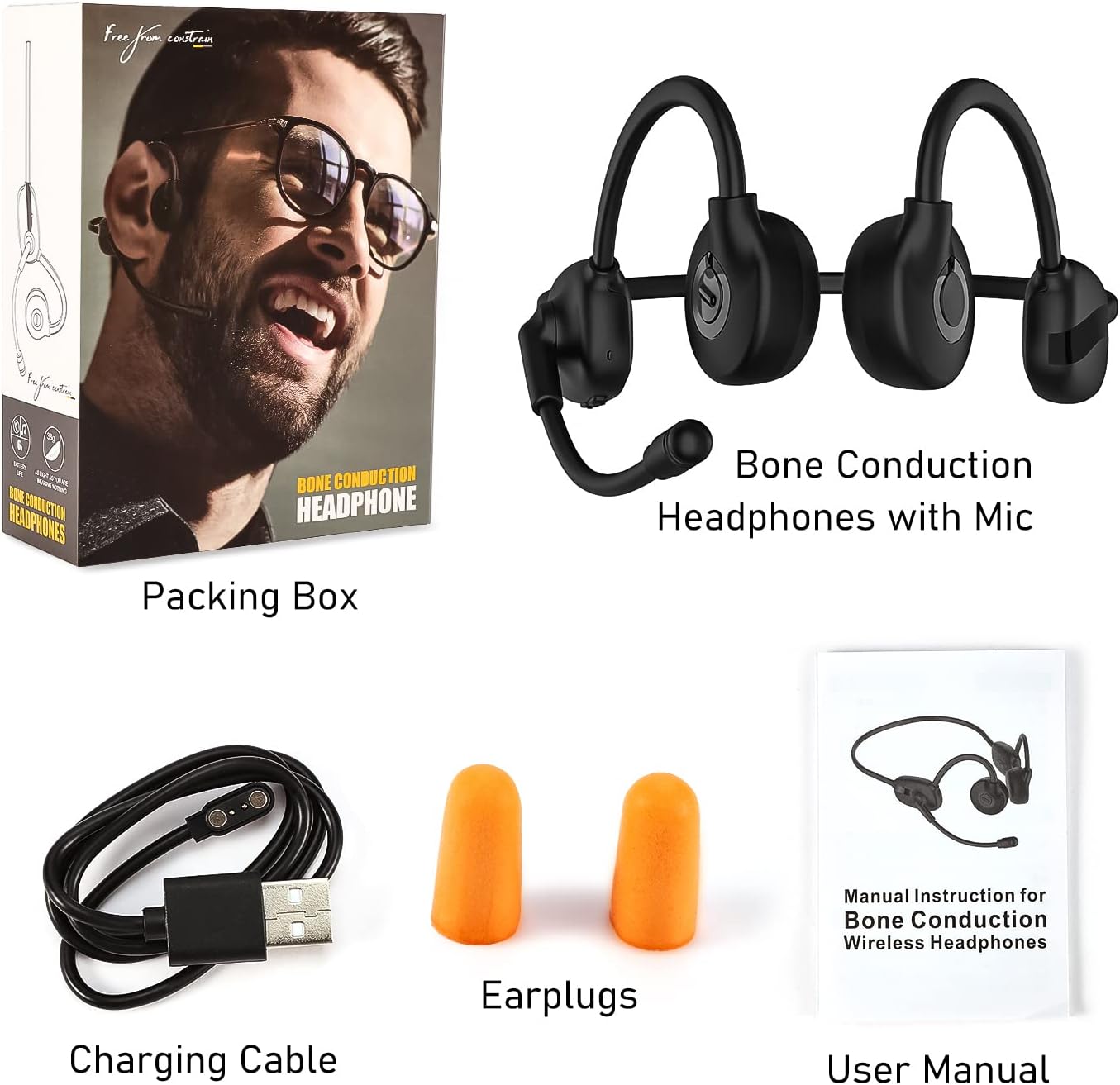 Bone Conduction Headphones with Mic, Bluetooth 5.3 Wireless Headset with Noise Canceling Microphone Boom