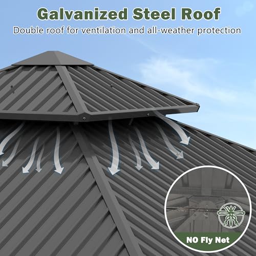 12'x12' Hardtop Gazebo, Outdoor Double Roof Galvanized Steel Gazebos, Aluminum Frame Permanent Pavilion with Curtains & Netting for Backyard, Patio