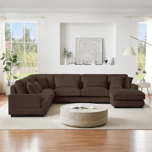 Oversized U-Shaped Sectional Sofa Couch Plush Corduroy Upholstered Modular Deep Seat Sofa&Couch Sectional W/Right Facing Chaise Lounge and 7 Toss