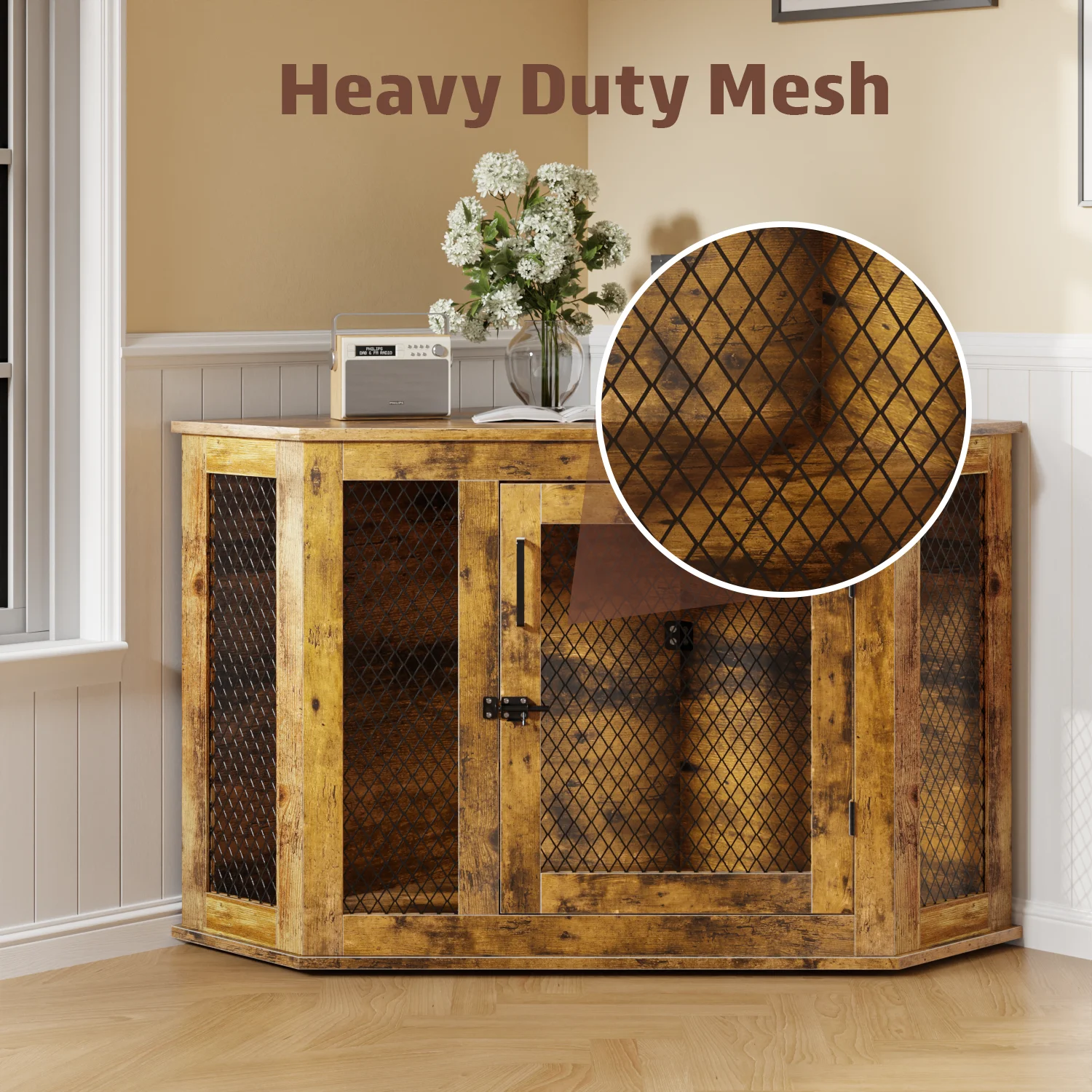 Bossin 44"Corner Dog Crate Furniture，Wooden Dog Kennel Indoor Furniture，Decorative Dog Crate