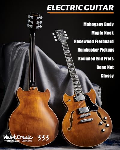 WestCreek 333 Electric Guitar with 6 String, Semi Hollow Body Jazz Electric Guitar, Humbucker Pickups, Rosewood Fretboard, Rounded End Jumbo Frets