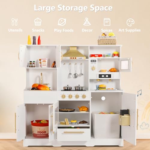Kinder King Wooden Kids Play Kitchen, Toy Kitchen Playset for Toddler, Play Kitchen Set w/Real Sounds, Pretend Coffee Machine, Kitchen Hood, Sink