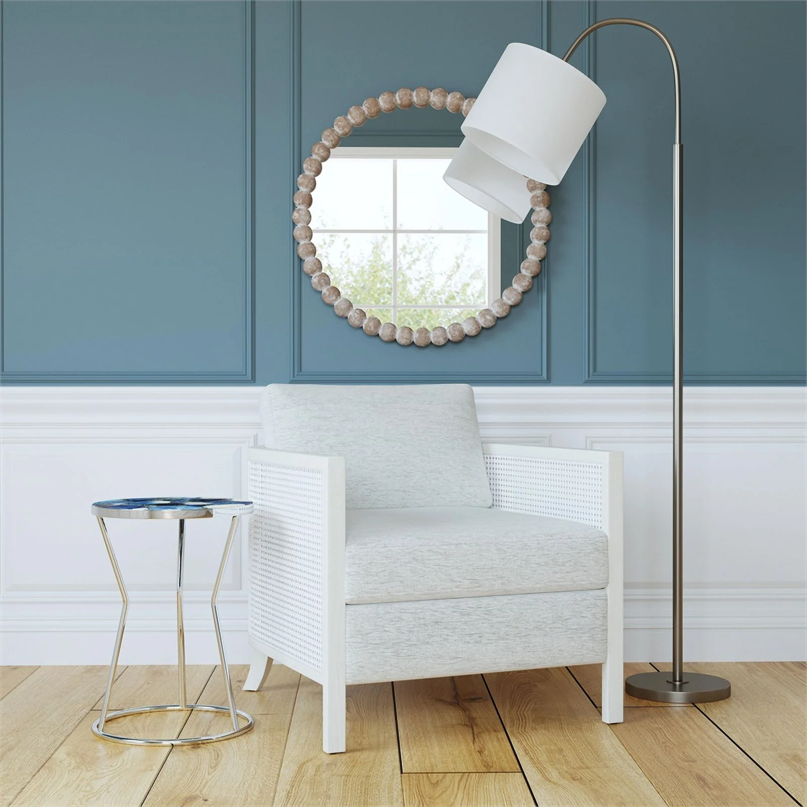 Maklaine Coastal Farmhouse Accent Chair in Hand Brushed White Wood and Fabric