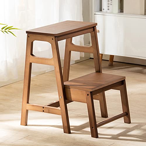 2-Step Ladder Stool, Dual Purpose Folding Solid Wood Step Stool, Portable Non-Slip Display Stand for Balcony Coffee Shop, Save Space