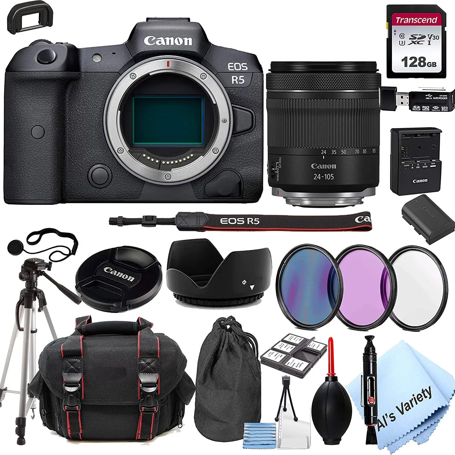Canon EOS R5 Mirrorless Digital Camera with 24-105mm f/4-7.1 Lens Bundle + 128GB Memory + Case + Filters + Tripod 24pc Bundle - Radiant Selections