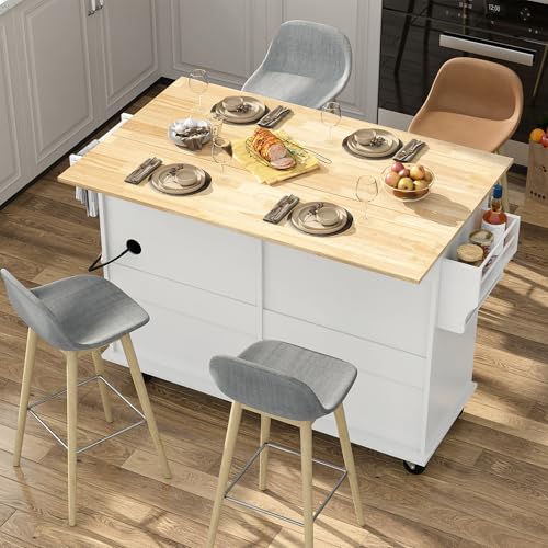 55" Movable Kitchen Island with Drop Leaf and Power Outlet, Rolling Island Cart w/Storage Cabinet, Island Table on Wheels for Kitchen w/2 Drawers
