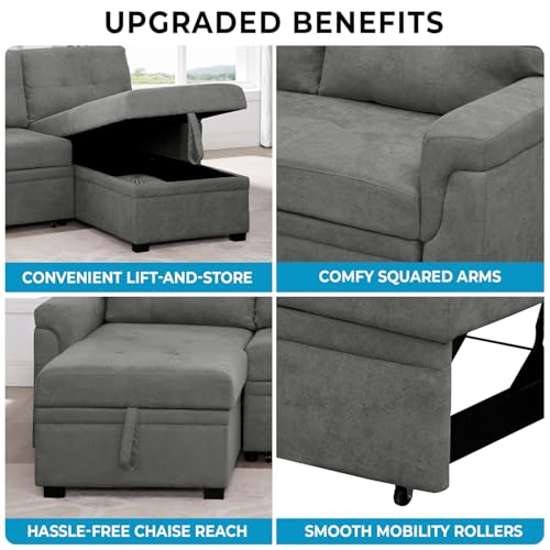 Naomi Home Jenny Sectional Sofa Sleeper with Storage Chaise, Tufted Pull Out Couch with Storage, L-Shaped Reversible Sleeper Sofa with Storage, Black
