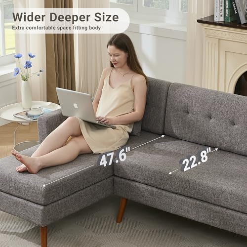 Tbfit L Shaped Couch Sofa, 80" W Mid-Century Modern Sectional Couches, 3 Seater Sofas with Wide Chaise Lounge & Two Pillows