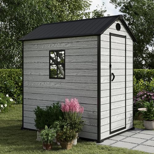 4.4x6 FT Resin Outdoor Storage Shed, 230 Cuft Garden Tool Sheds & Outdoor Storage Plastic Shed with Floor