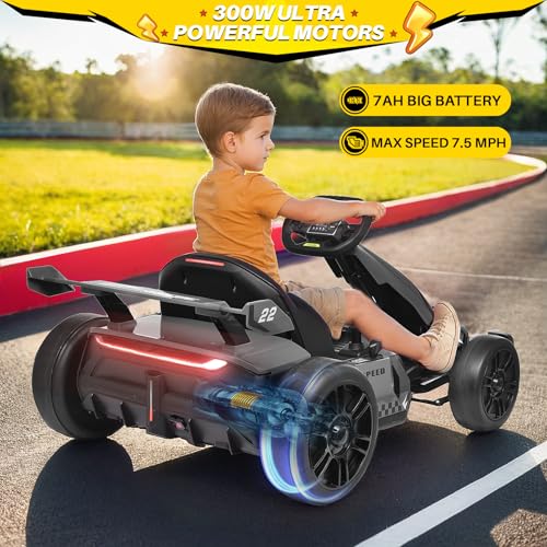 Blitzshark 24V Kids Go Kart 300W Powerful Drift Kart Electric Pedal Kart Outdoor Race Toy, with 2X150W Strong Motor, 7AH Big Battery