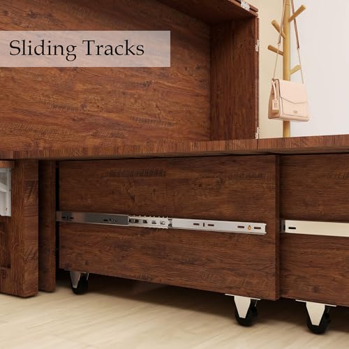 Murphy Bed Queen, Murphy Bed Cabinet with Charging Station, Large Storage Drawer and Shelves for Home Office or Guest Room, Warm White