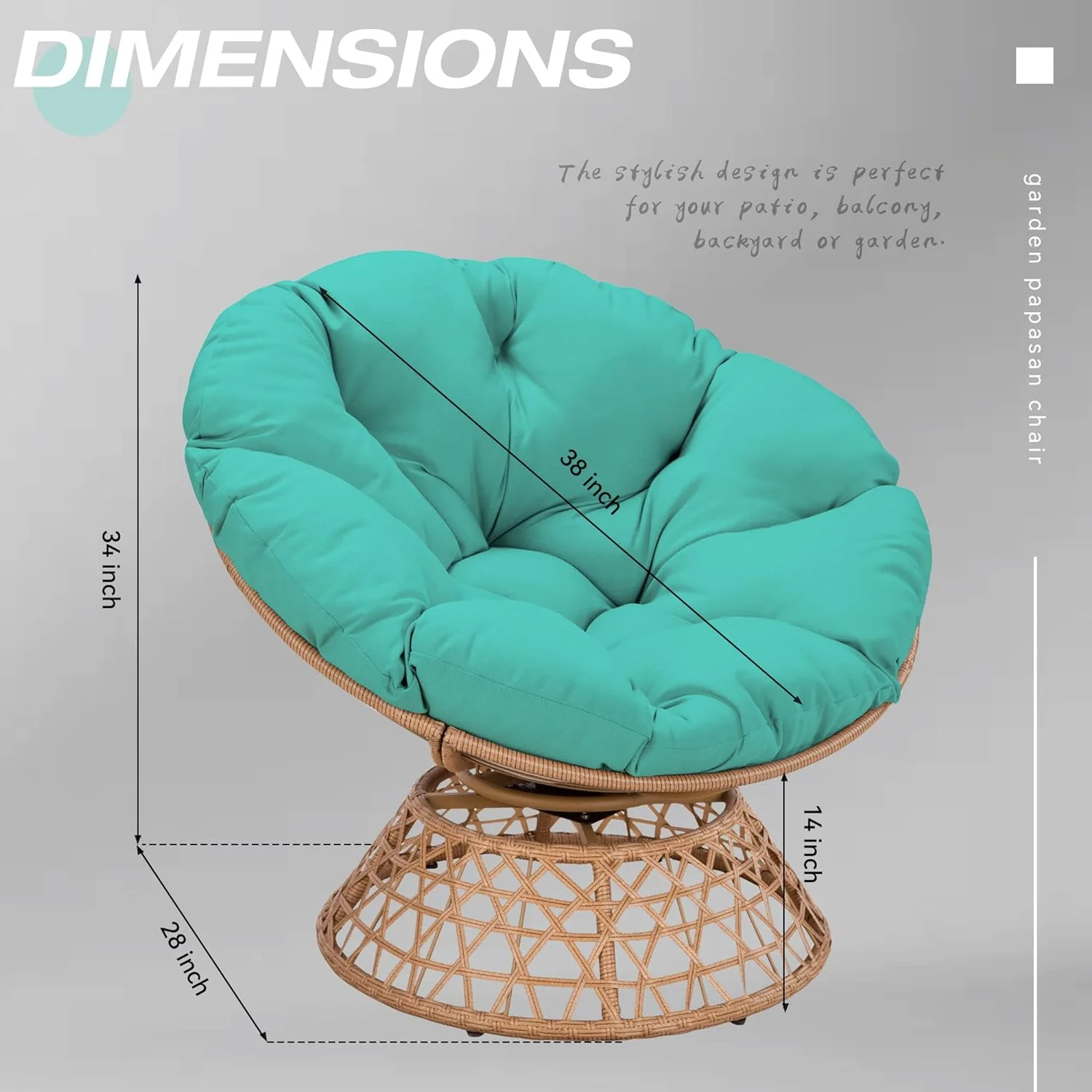 U-ToBe Papasan Chair with Cushion and 360°Swivel Base, 38" Wicker Papasan Lounge Chair with Cushion and Sturdy Frame, Large Saucer Chair, Lazy Chair