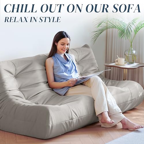 Bean Bag Chair for Adults - Suede & Microfiber Fireside Floor Chair, Comfortable Corner Lounge Sofa for Living Room, Bedroom, Office (3-Seater, Beige)