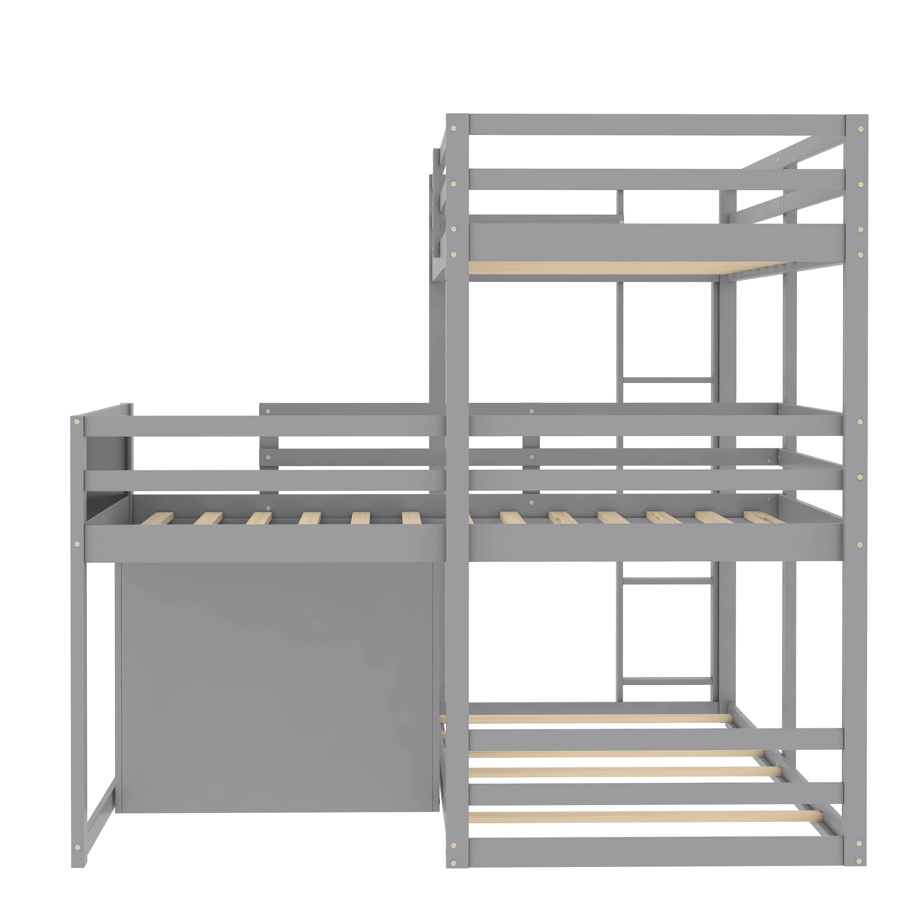 L-shaped Wood Triple Twin Size Bunk Bed with Storage Cabinet and Blackboard, Ladder - Curated Treasures Market