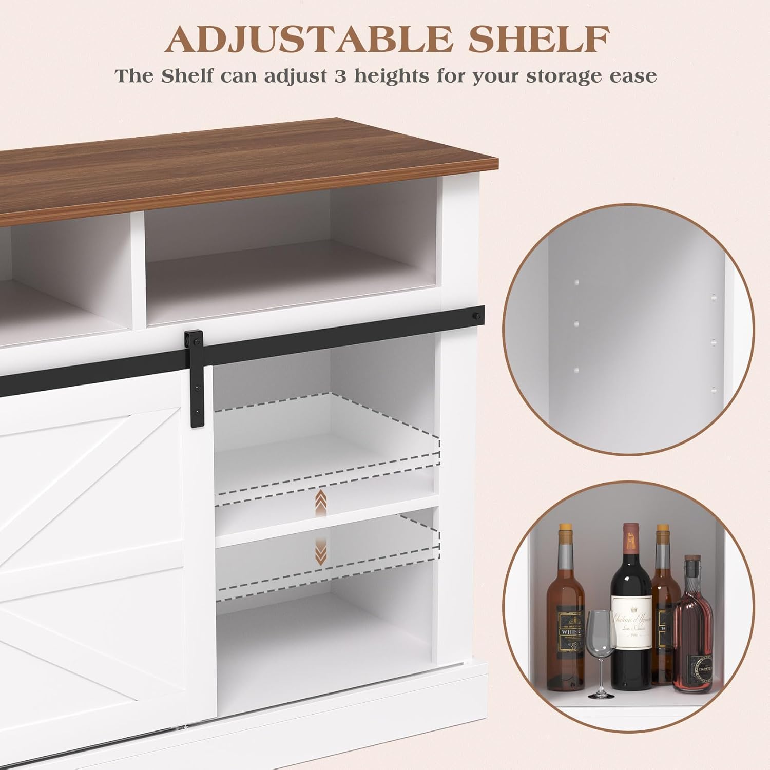 Farmhouse Coffee Bar, 58”Coffee Bar Cabinet with Sliding Barn Door and Adjustable Shelf, Kitchen Buffet Cabinet with Storage for Kitchen, Dining Room