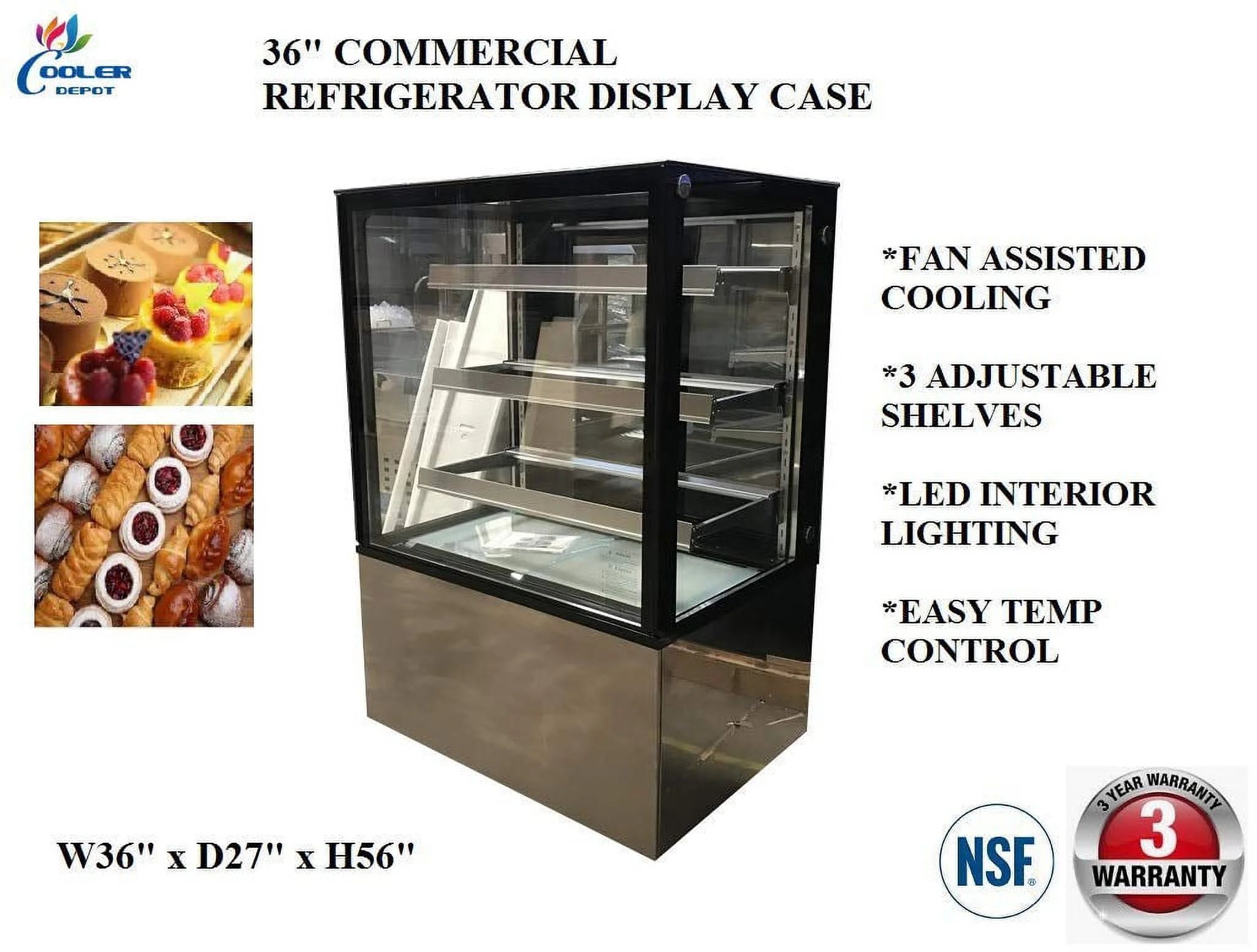 36" Commercial Refrigerated Bakery Display Cooler Case for Pastry Deli Uprighted Cooler Glass Display Curve Case Refrigerator-