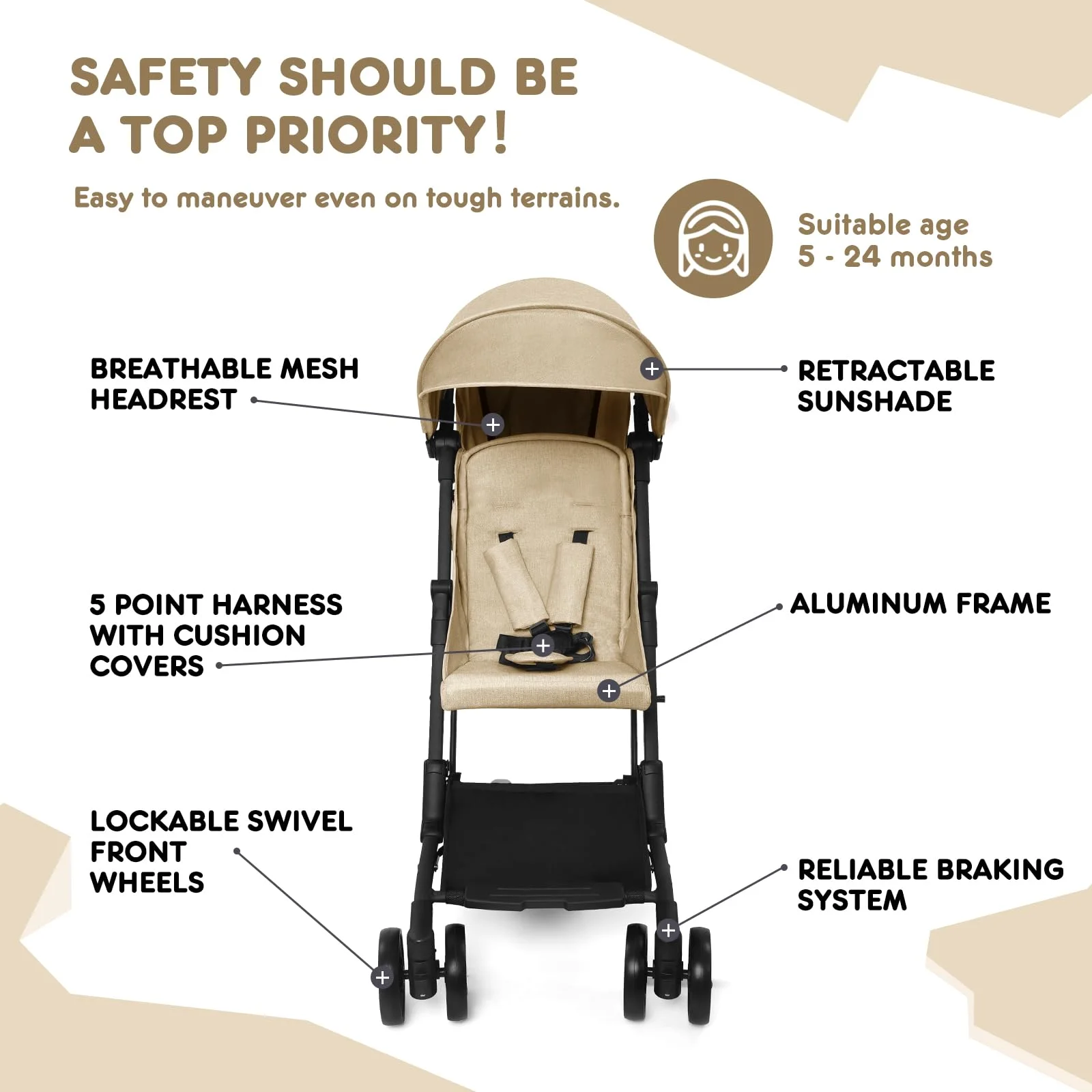HARPPA Lightweight Travel Stroller, Compact Umbrella Stroller for Babies, Easy Folding, Black
