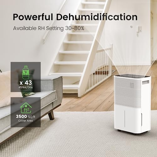 FREE VILLAGE Dehumidifier, 45 Pint (50 Pint Under 90°F/90% RH) Dehumidifiers for Home Up to 3500 Sq. Ft, Auto Drainage, Digital Control Panel