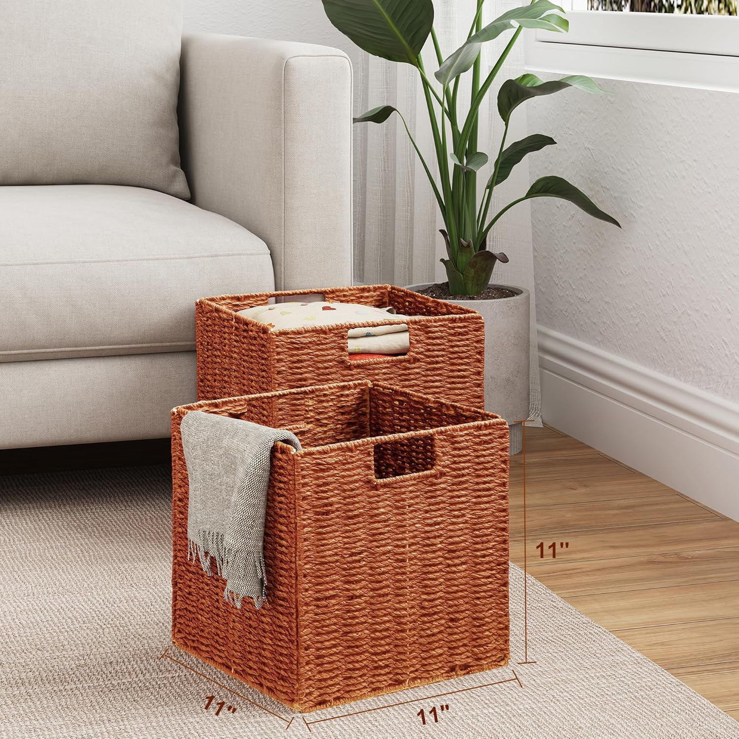 Wicker Storage Basket, Set of 2 Hand-Woven Paper Rope Wicker Baskets, Foldable Cube Storage Bins, 11 inch Storage Basket
