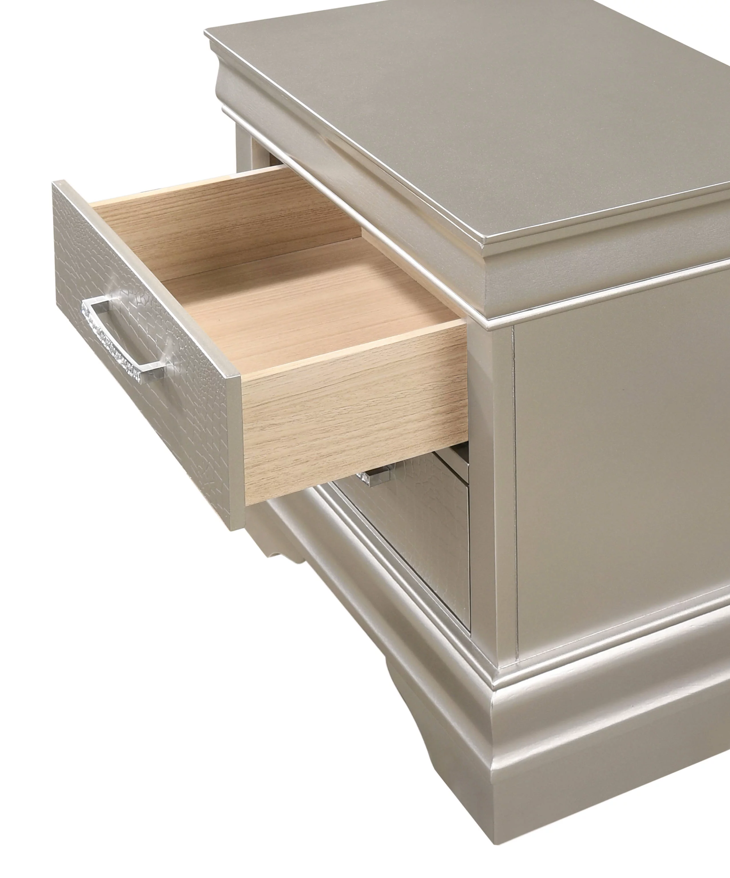 3Pc Silver Finish Queen Size Panel Upholstered Button Tufted Headboard Bed Nightstand Set Wooden Bedroom Furniture
