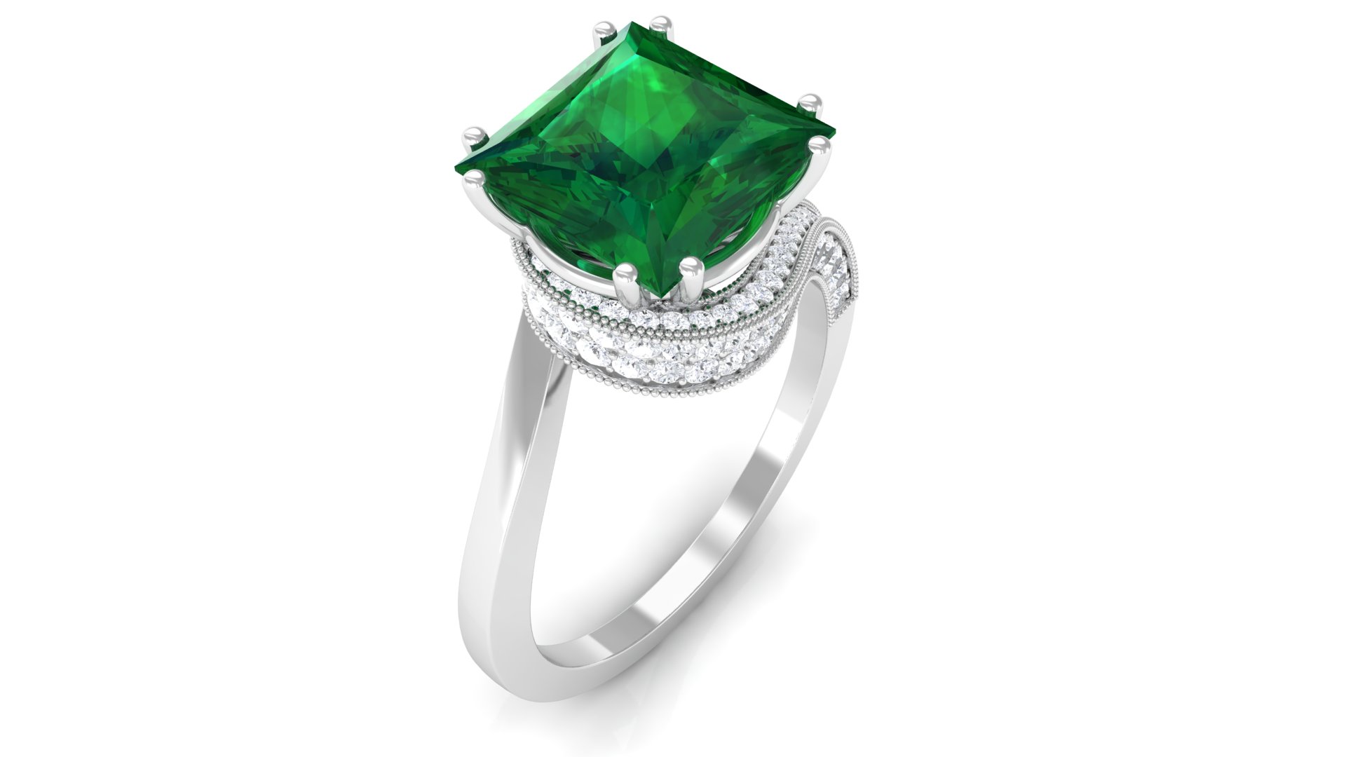 Lab Grown Emerald Solitaire Ring with Diamond, Princess Cut Ring - 8 mm, 925 Sterling Silver, US 10.00
