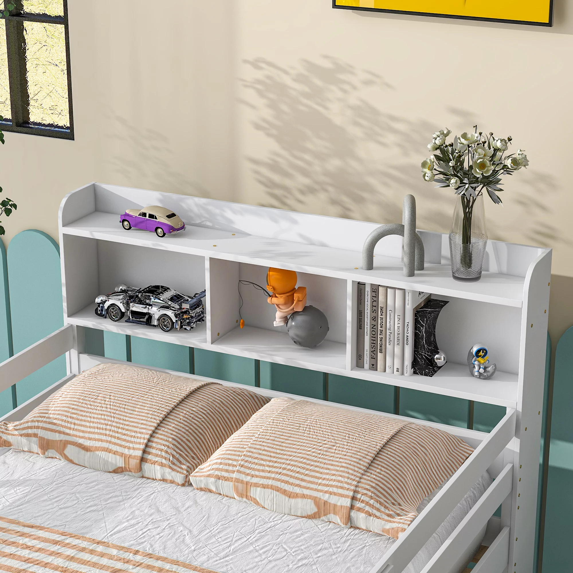 Sanmadrola Full Over Full Bunk Beds with Bookcase Headboard, Solid Wood Bed Frame with Safety Rail and Ladder, Kids/Teens Bedroom