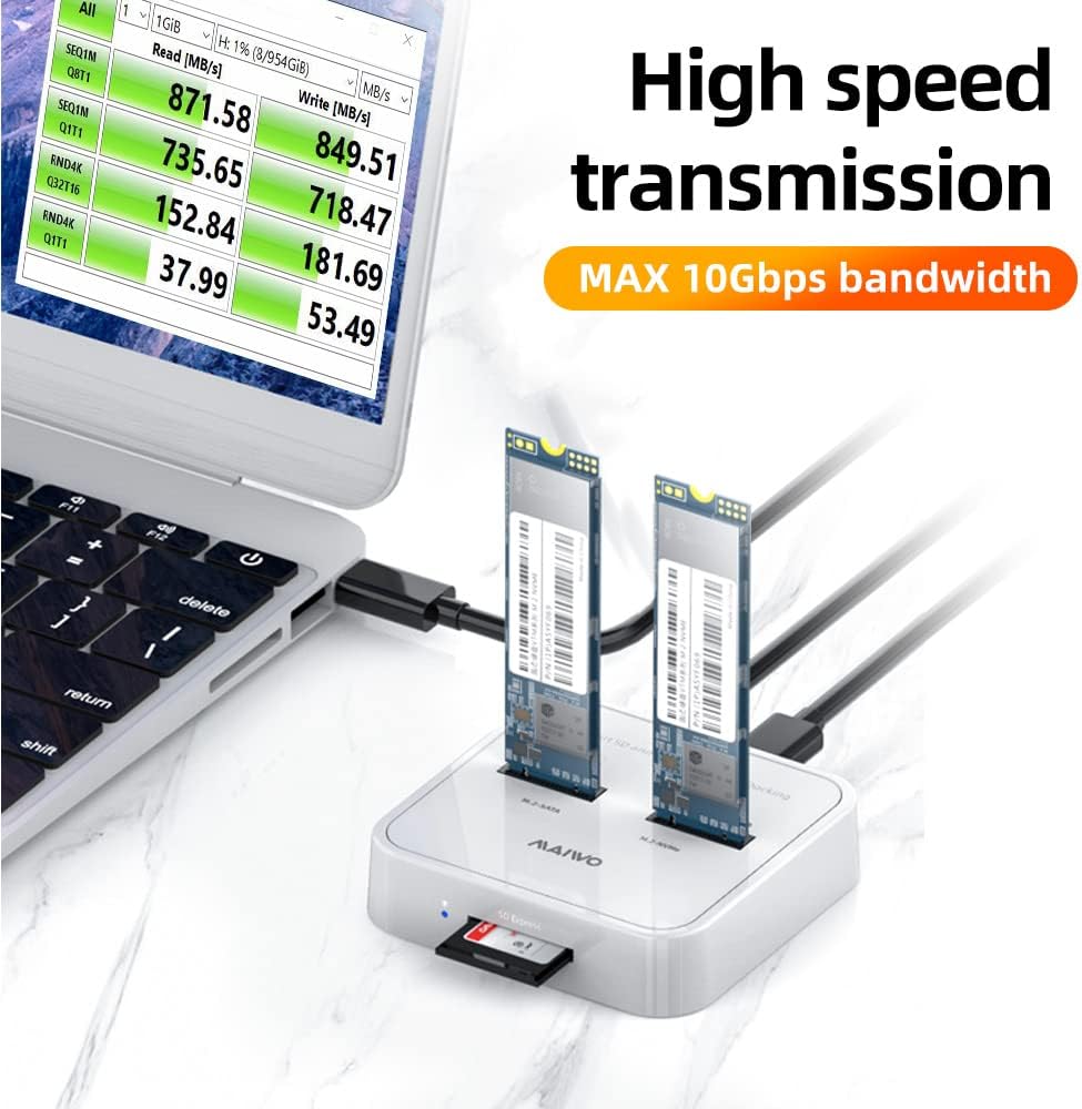 MAIWO K3016S 2 Bay m.2 SATA Docking Station, Tool-Free Type C to SATA SSD External Hard Drive Enclosure for B + M Key
