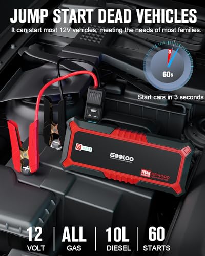 GOOLOO GP4000 4000A Peak Car Battery Jump Starter, Portable Battery Booster for Up to All Gas or 10L Diesel Engine