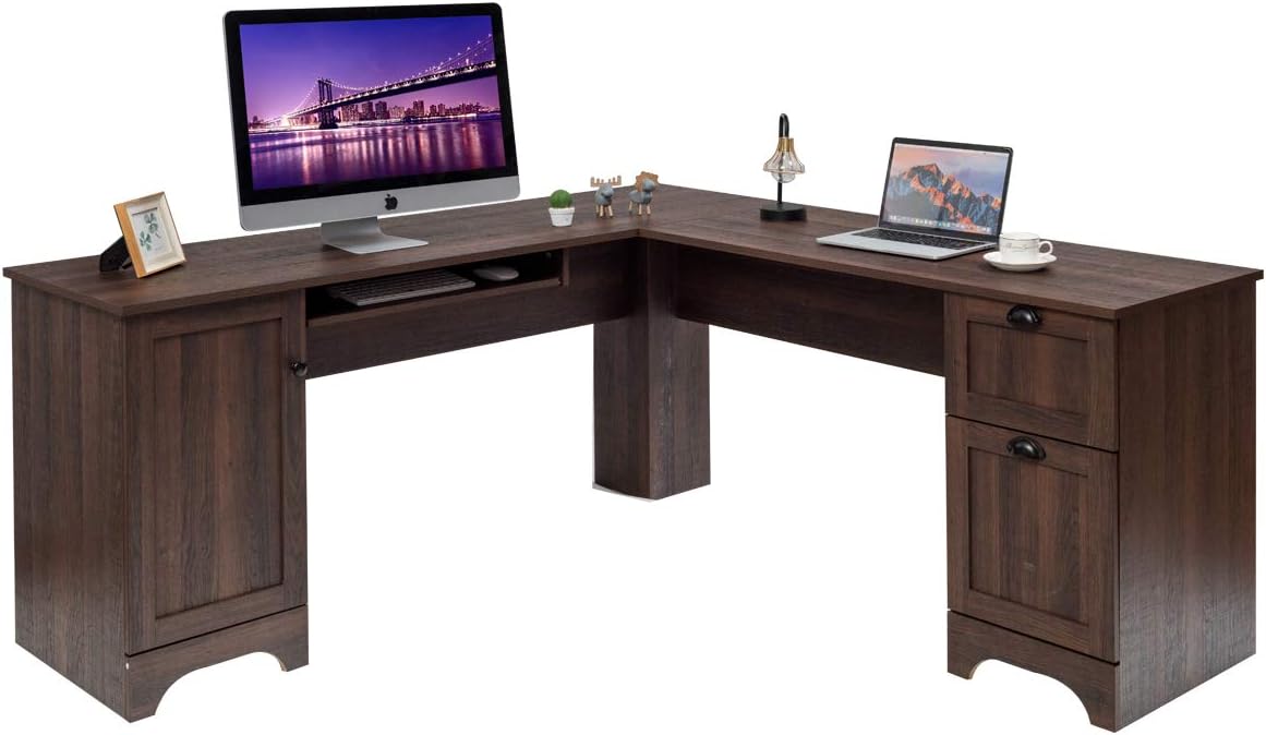 Tangkula L Shaped Office Desk, Corner Computer Desk with Storage Drawers & Cabinet, Home Office Desk with Pull-Out Keyboard Tray