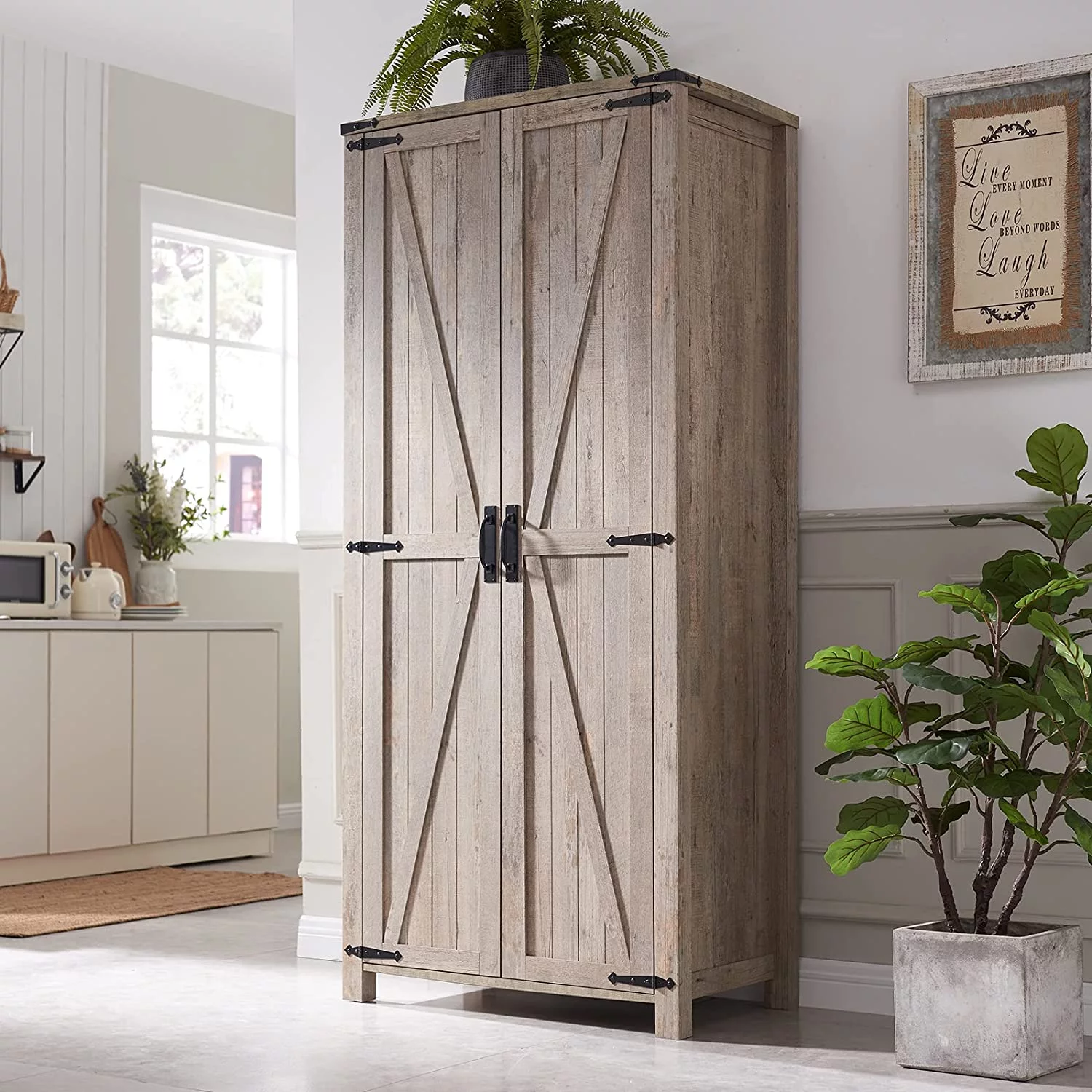 OKD Kitchen Pantry w/Barn Door Storage Cabinet w/Hanging Rod for Bathroom, Utility Room, Light Rustic Oak - Radiant Selections