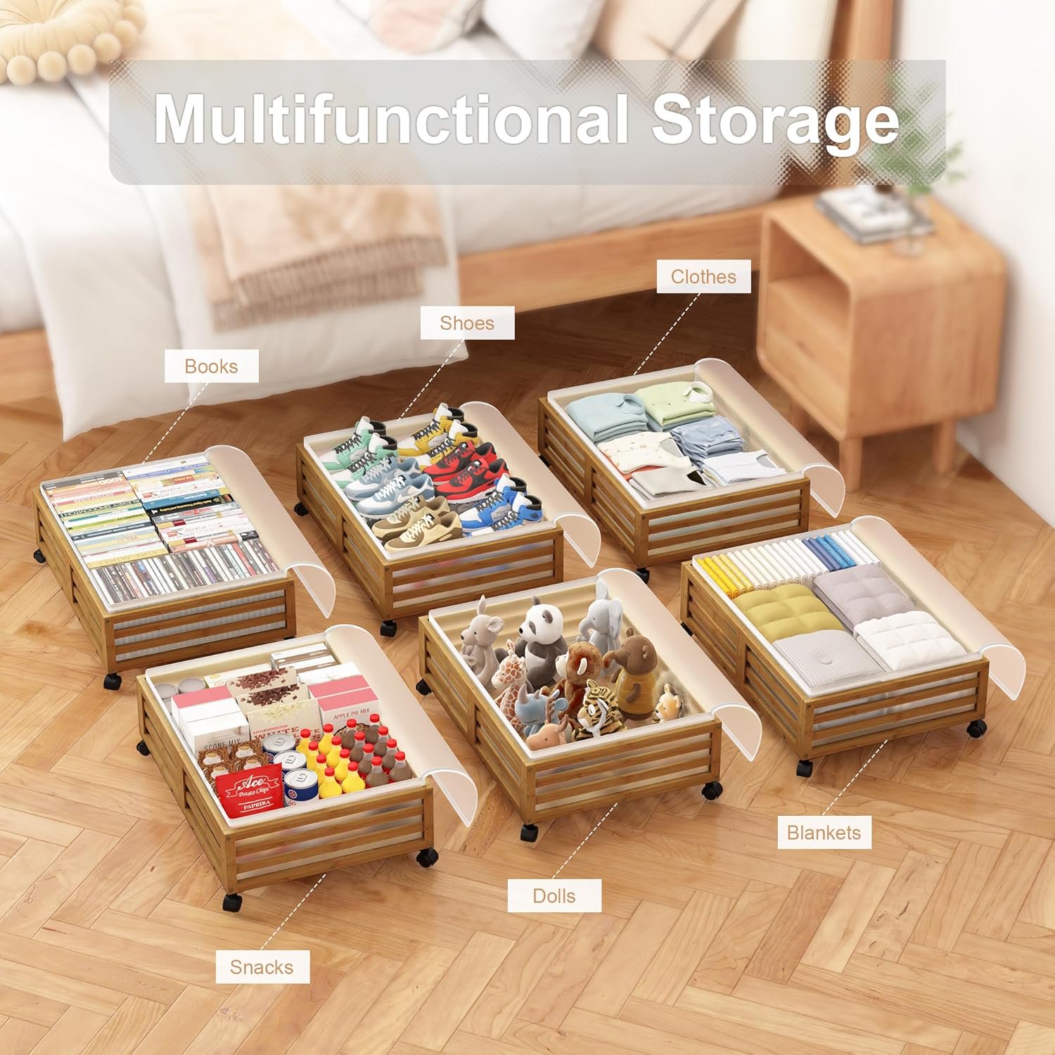 Under Bed Storage Containers With Wheels - 2 Pcs Bamboo Wood Rolling Underbed Shoe Storage Bins With Dust Bags for Clothes Blankets