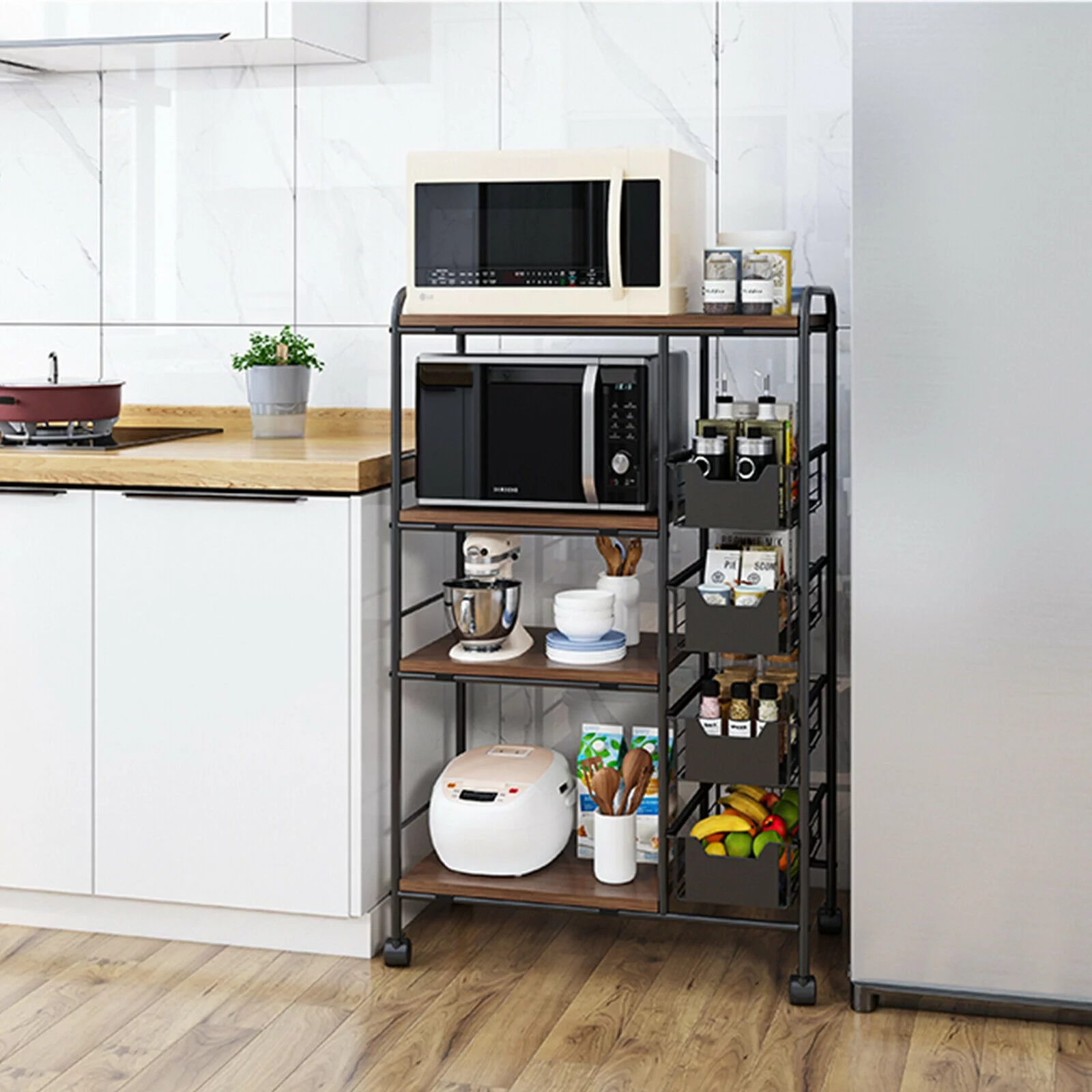 Miumaeov Kitchen Storage Rack Utility Microwave Oven Stand Storage Shelf + Push-Pull Drawer Black 27.9" L x 13.7" W x 45.2" H