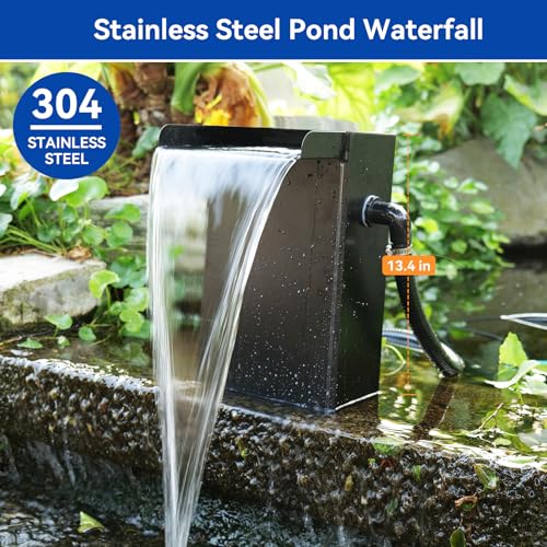 POPOSOAP 24 Inch Pond Waterfall Spillway with 1200GPH Pump, 304 Stainless Steel Waterfall Kit with 9.8FT Corrugated Tube