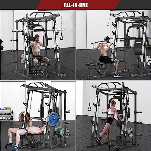 SunHome Smith Machine, 2000LBS Power Cage Squat Rack with Smith Bar, Two LAT Pull-Down Systems