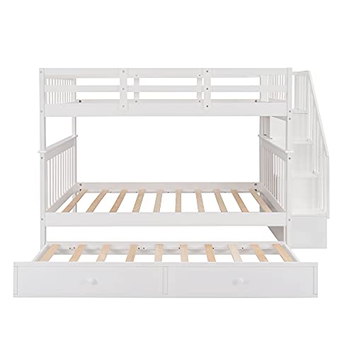 Harper & Bright Designs Twin Over Twin Bunk Bed with Stairs and Trundle, Solid Wood Stairway Bunk Bed Frame with Storage
