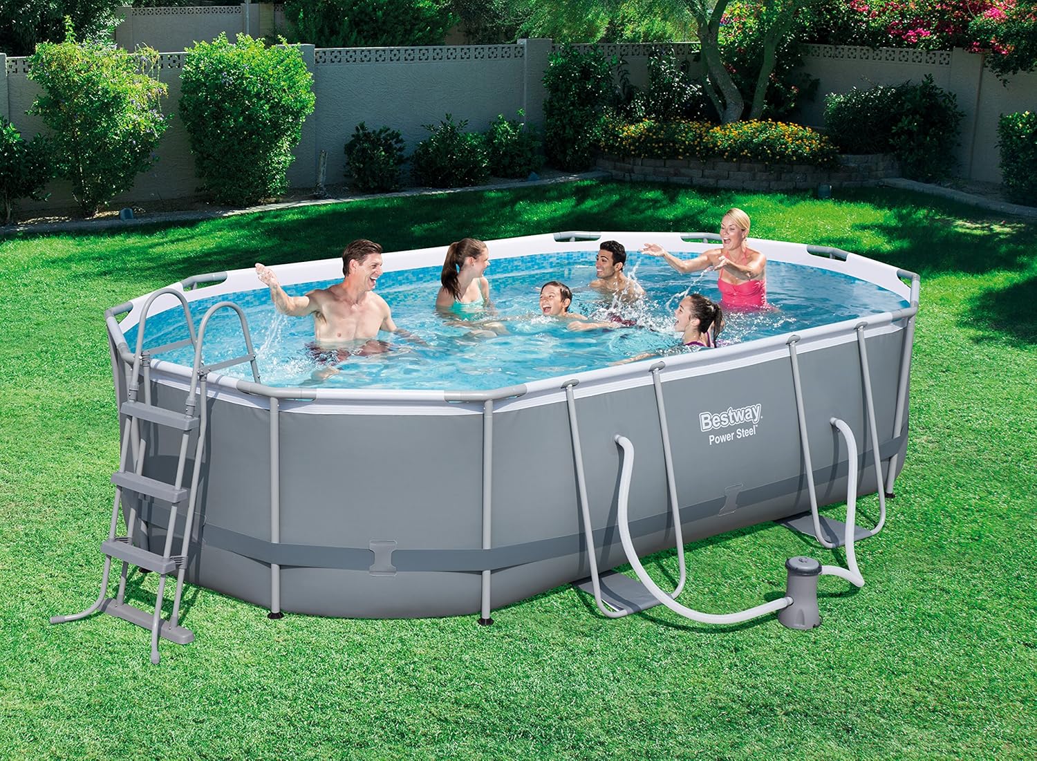 Bestway Power Steel Oval Frame Swimming Pool Set Dark Grey with Filter Pump and Accessories 488 x 305 x 107 cm