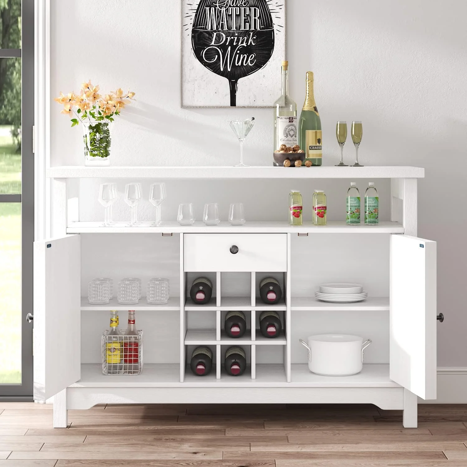 Farmhouse Coffee Bar Cabinet with Storage, White Coffee Bar with 9 Wine Racks Barn Door, Kitchen Buffet Cabinet with Drawer