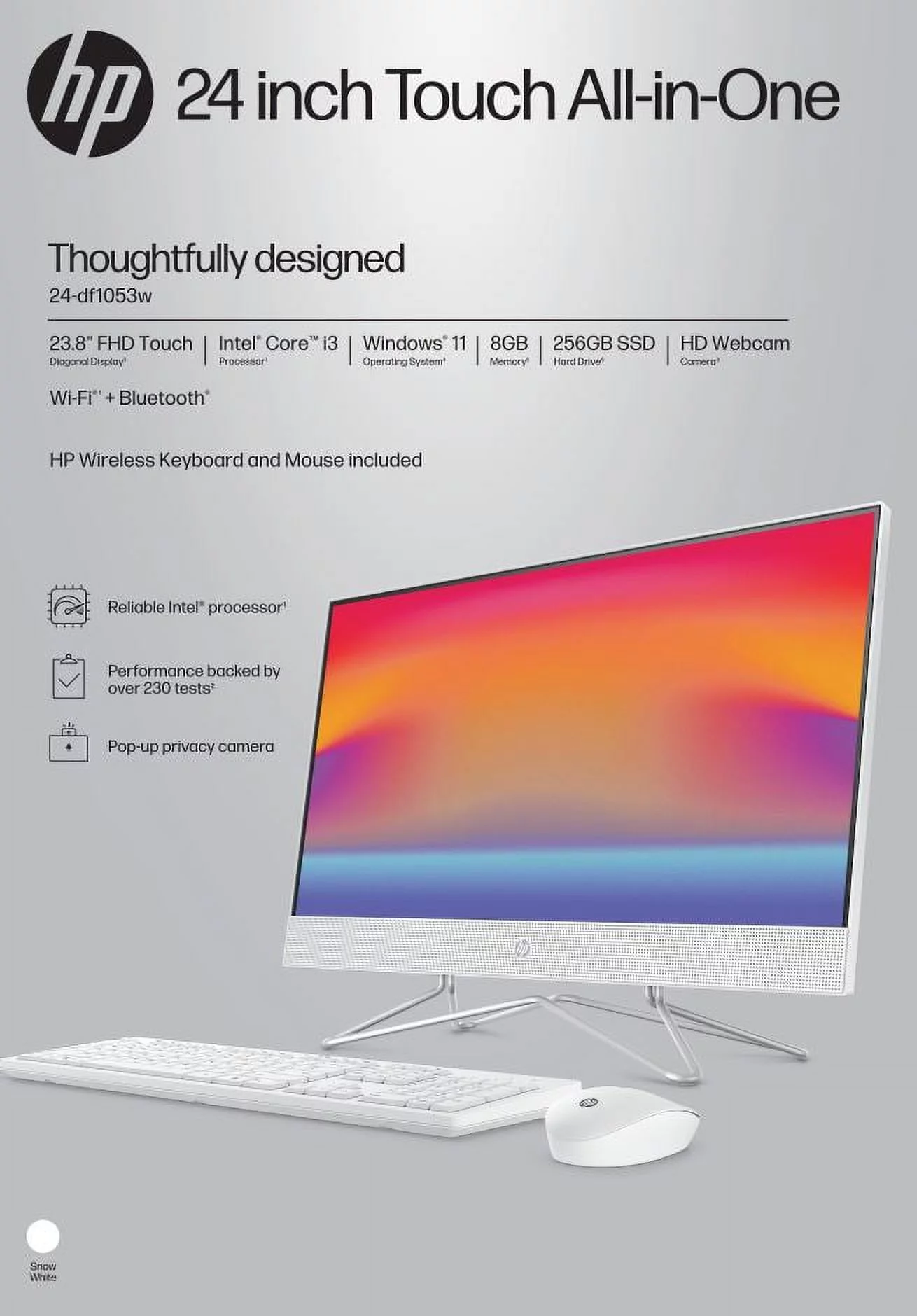 HP 23.8" Touch FHD All-in-One PC, Intel Core i3-1115G4, 8GB SDRAM, 256GB SSD, Snow White, Windows 11 Home, 24-df1053w