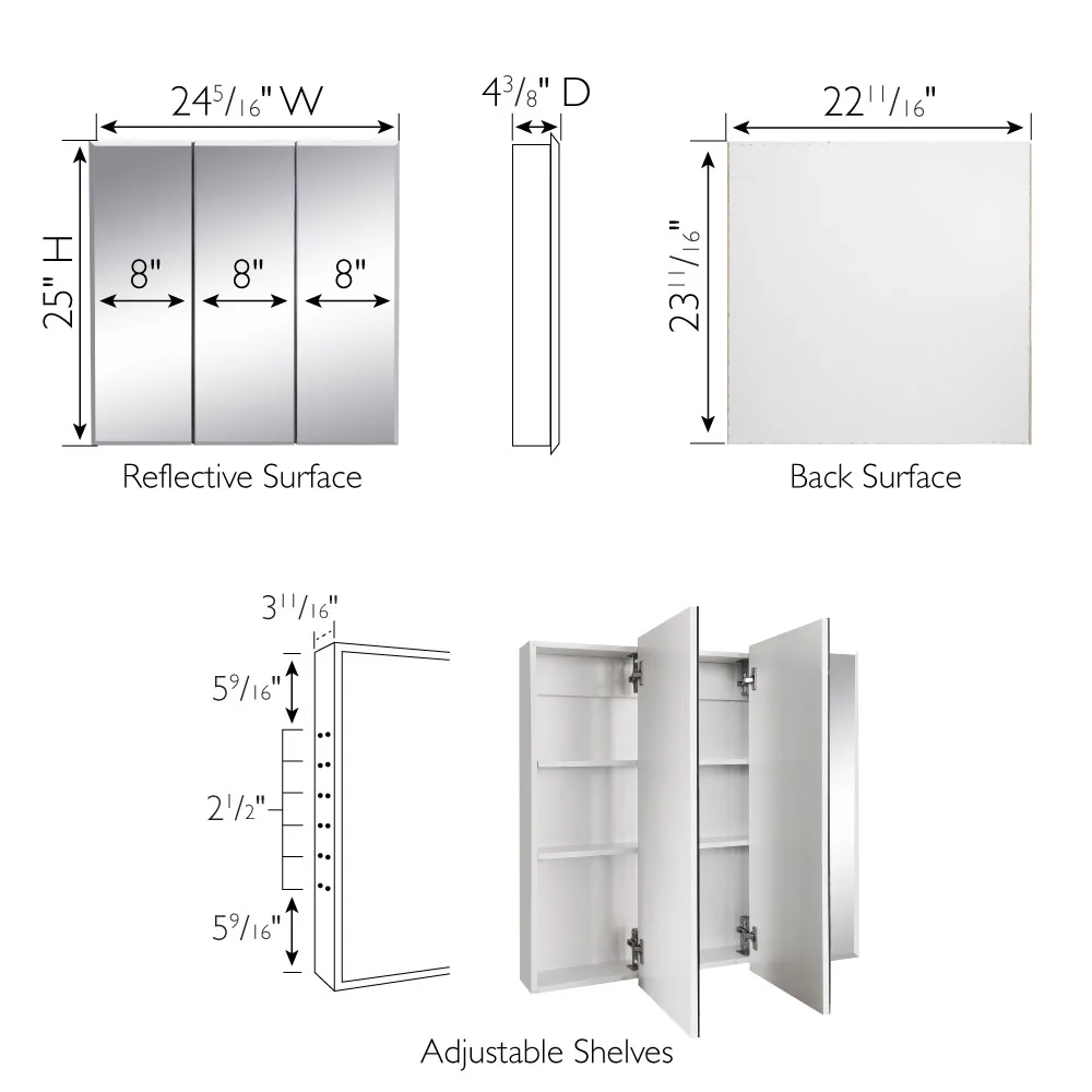 Cyprus Medicine Cabinet 24.5-Inch – Durable Pre-Assembled – Bathroom Wall Cabinet with Frameless Mirrored Doors – 4.4" X 24.5" X 25" – Design House