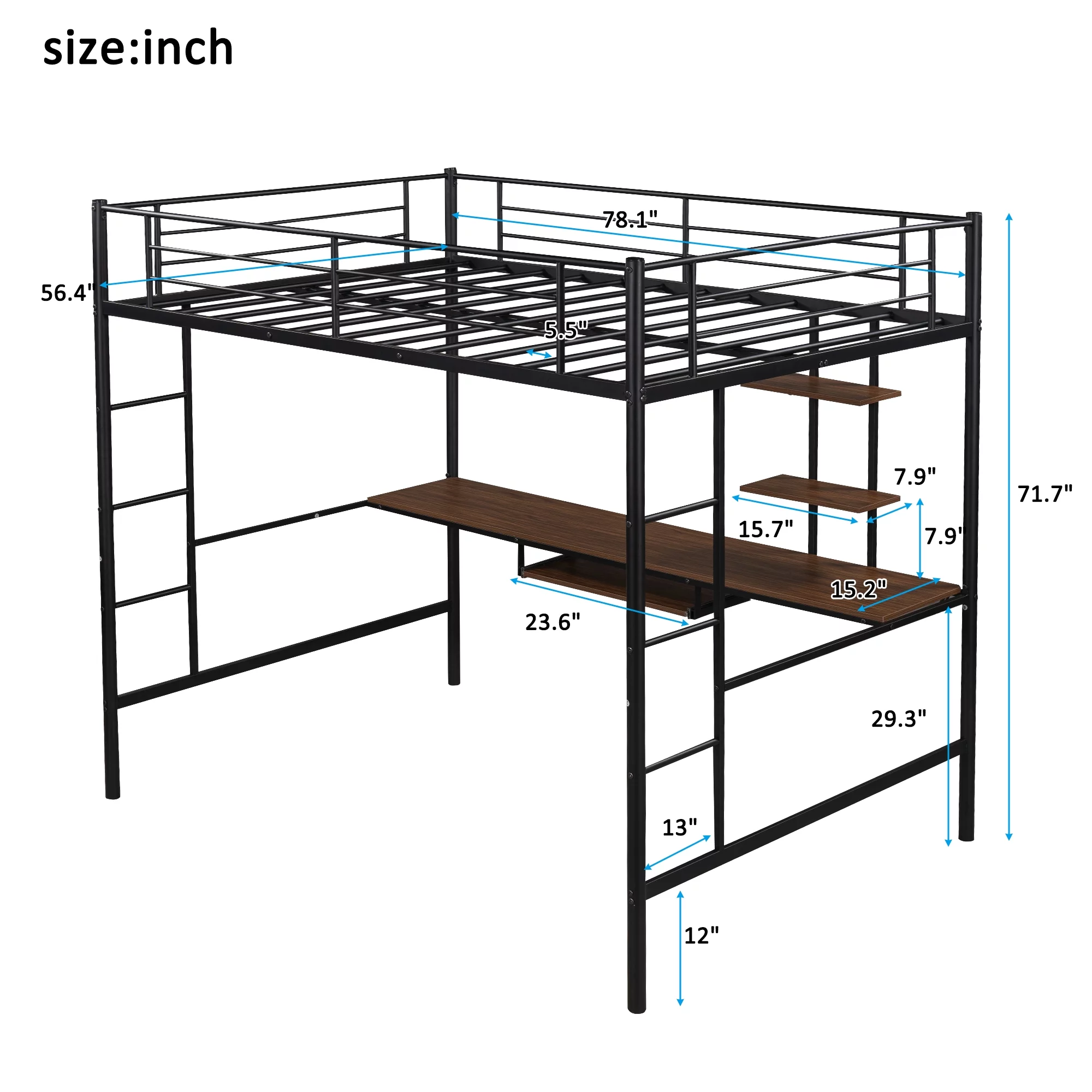 Loft Full Bed with Keyboard Tray Single Bunk Bed with 2 Shelves and one Desk Space-Saving Bunkbed High Sleeper Multipurpose Use