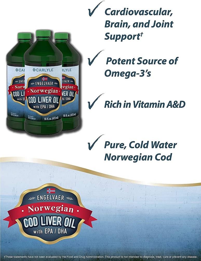 Carlyle Cod Liver Oil Norwegian 16 fl oz 3 Bottles Non-GMO, Gluten Free Liquid