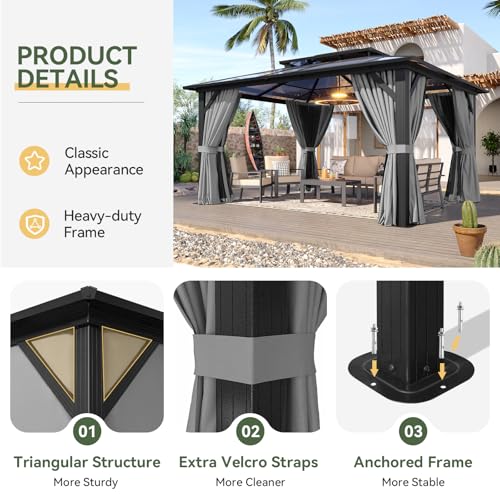 Aoxun 12'x10' Hardtop Gazebo, Aluminum Frame Permanent Pavilion with Curtains and Netting, Outdoor Polycarbonate Double Roof Canopy
