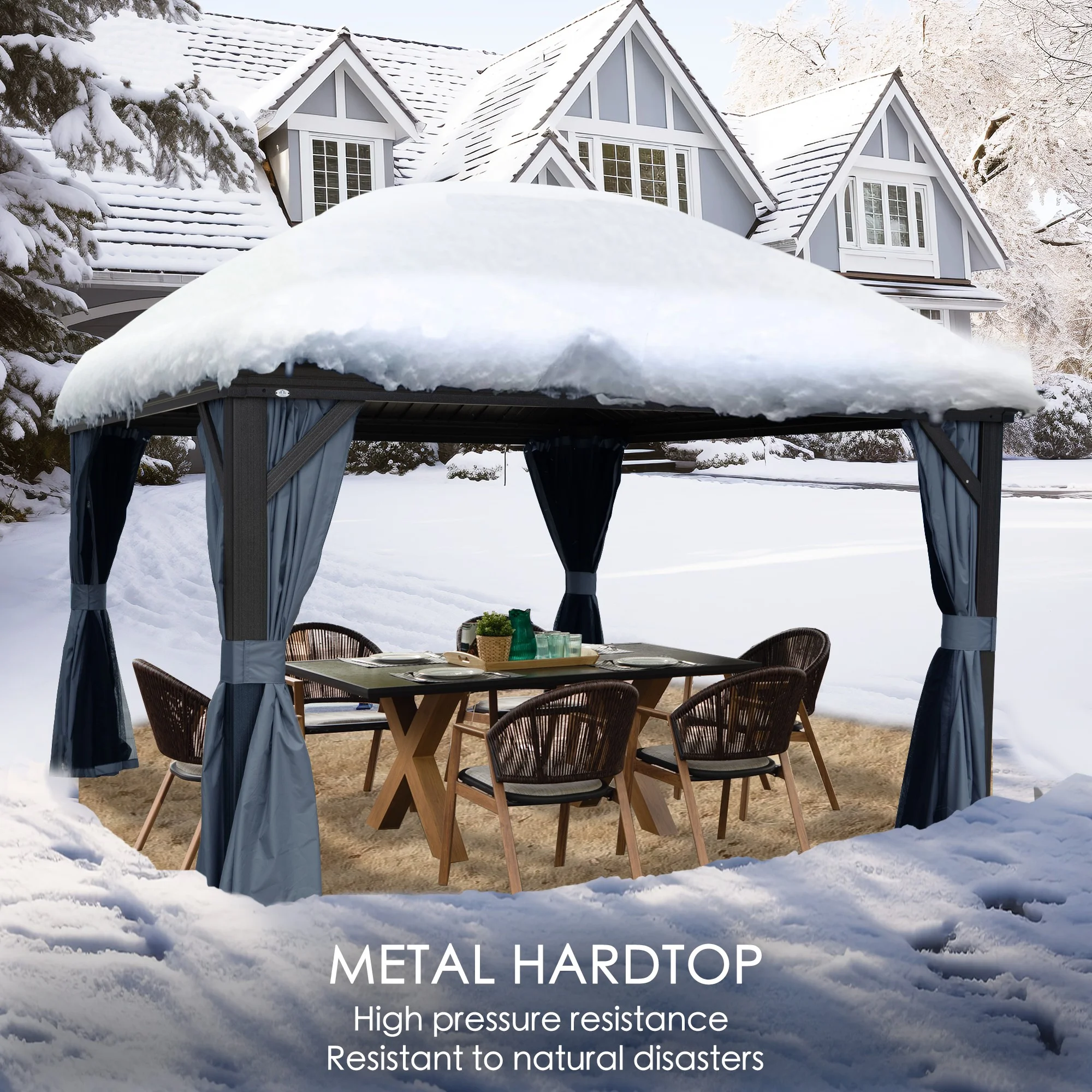 Kozyard Alexander Hardtop Aluminum Permanent Gazebo with a Mosquito Net and Privacy Sidewalls (Alexander 12'x14' (Gray))