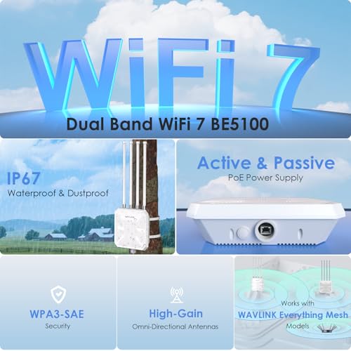 WAVLINK WiFi 7 BE5100 Outdoor WiFi Extender, Dual Band Long-Range Outdoor WiFi Repeater|Access Point|Mesh Router